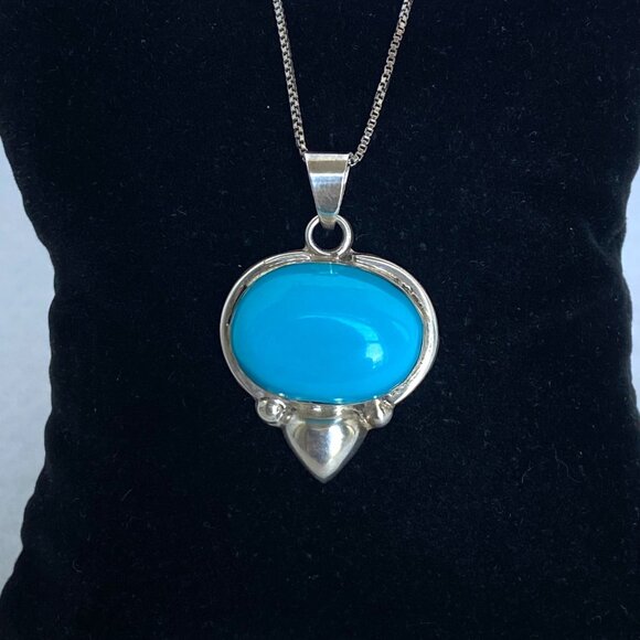 VTG Sterling Silver 925 Taxco Mexico Turquoise Cabochon Pendant Necklace 18" - Picture 6 of 16